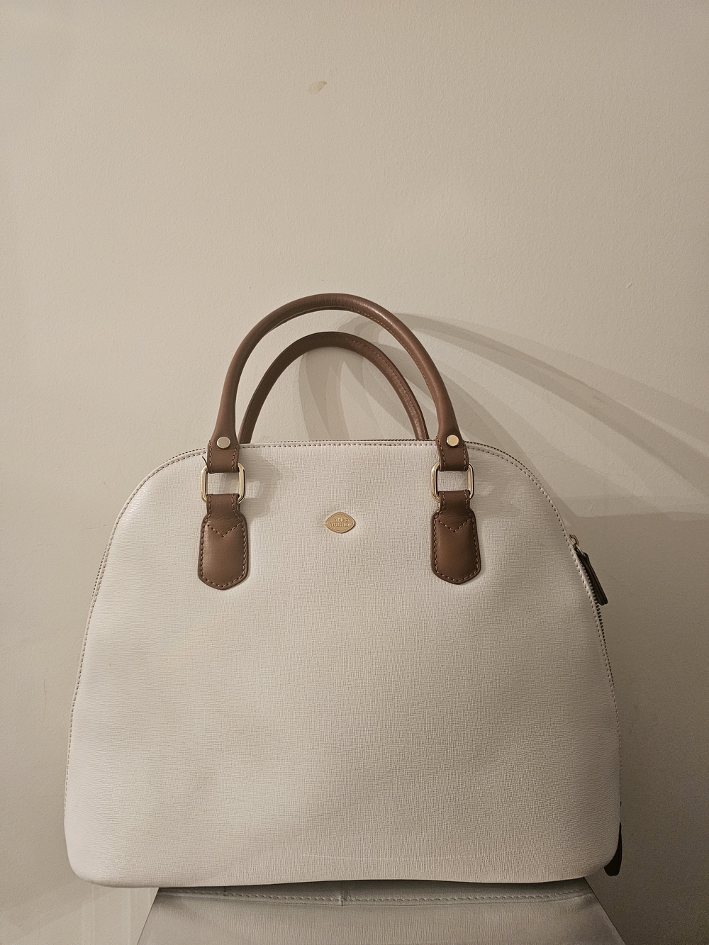 THE TREND White Dome Satchel with Brown Leather Handles